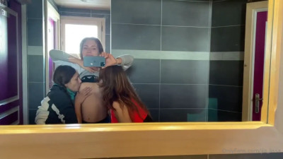 Girlfriends Lick Each Other's Nipples In The Bathroom